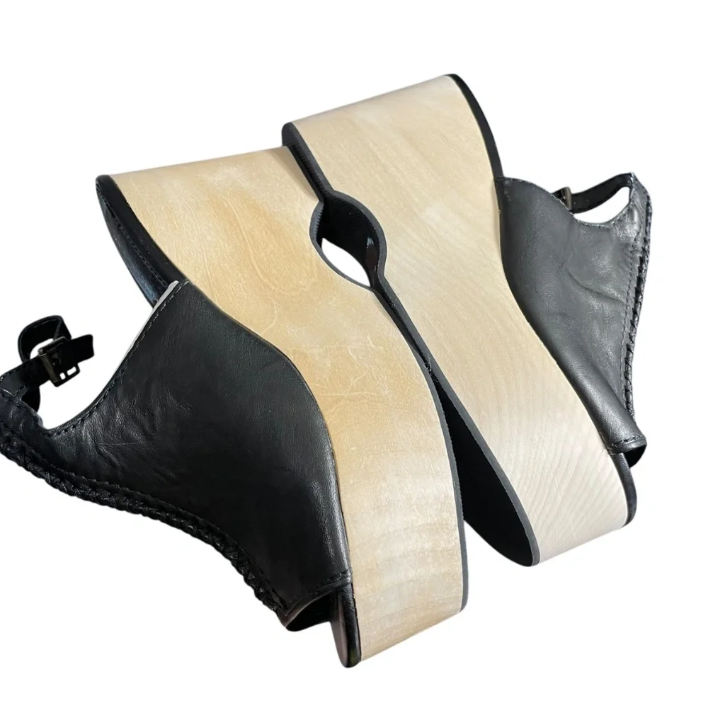 Kelsi Dagger Brooklyn Nova Platform Mules 4 black leather peep toe wooden Y2k